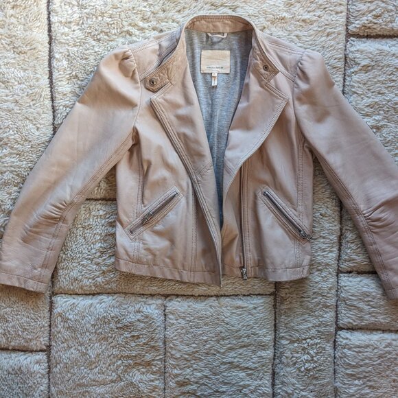 Rebecca Taylor lamb leather cropped moto jacket in nude pink - Picture 3 of 8